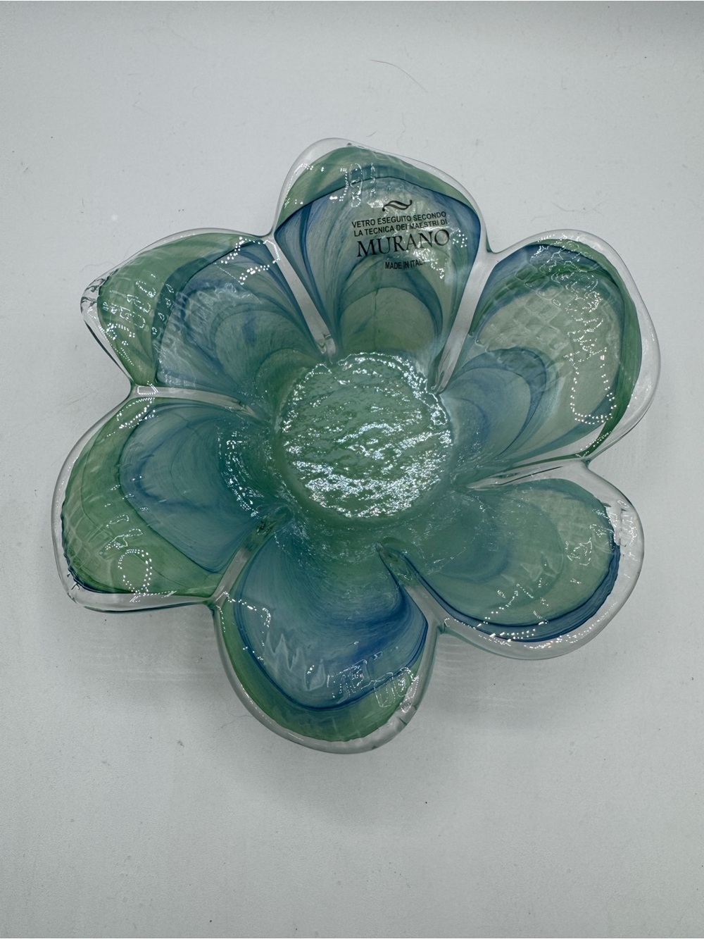 Murano Clear Art Glass Green Blue Flower Dish Bowl Votive With Sticker